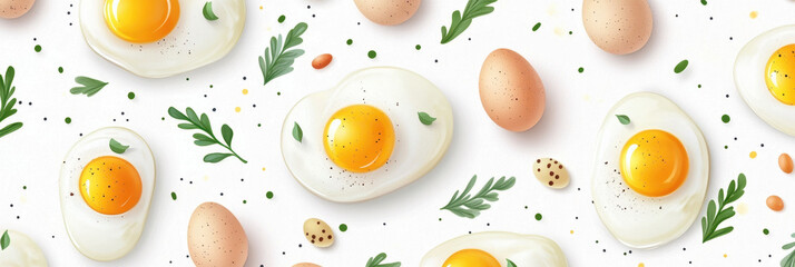Sunny-Side Up Pattern: A vibrant and playful pattern featuring sunny-side up eggs with a touch of green herbs, pepper, and whole eggs. This photo is perfect for culinary, breakfast.