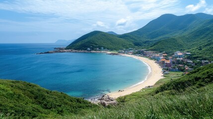 Fototapeta premium Lui-Ngai-Ni Serene coastal village with sandy beach and green hills under blue sky