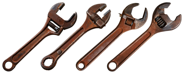 Close-up of an old rusty adjustable wrench, 19th century, isolated on transparent or white background. Png. Collection and variation. Generative Ai.