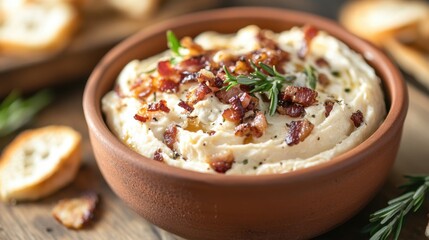 Gourmet boursin cheese spread with caramelized onions and crispy bacon