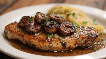Chicken piccata with mushrooms and herb sauce on white plate