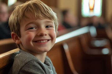 Happy child boy at chruch.