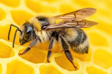 Close-up of a Bumblebee Collecting Nectar on a Honeycomb, Showcasing its Detailed Features and the Beauty of Nature's Pollinators in Vibrant Yellow Background