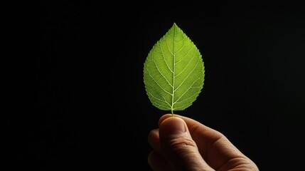 A hand holds a vibrant green leaf against a dark background, emphasizing nature and the intricate details of the leaf's structure.