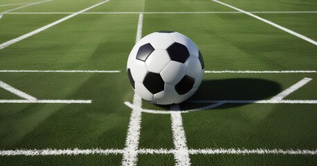 Close-up of a soccer ball placed on the center spot of a soccer field with chalk lines, athletic equipment, ground, football