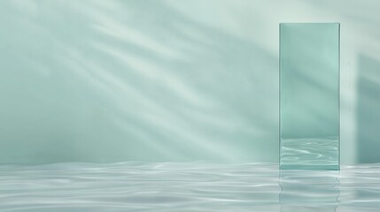 Serene Aqua Display: A minimalist, light teal backdrop features a tall, translucent glass display stand, bathed in soft, diffused light creating a calming and elegant presentation space. 