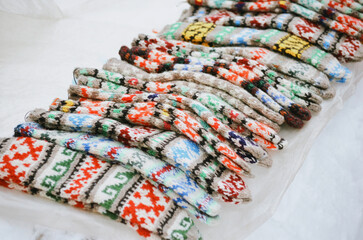 Colorful handmade woolen socks with traditional Bulgarian ornaments 