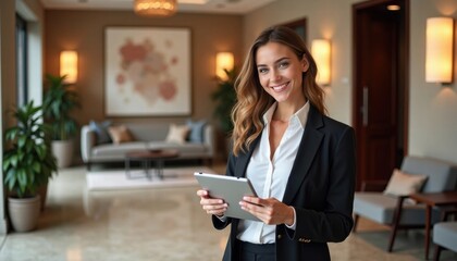 Professional businesswoman in elegant attire holding tablet in modern luxury office interior. Warm lighting, contemporary decor, and welcoming atmosphere create perfect corporate environment.
