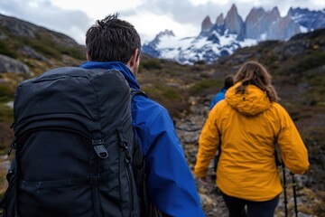 Three travelers navigate a rugged terrain while surrounded by stunning mountainous views, representing adventure, camaraderie, and the beauty of nature's wilderness.