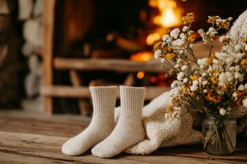 A pair of wool socks resting on a wooden floor near a fireplace, with a cozy blanket draped over a nearby chair