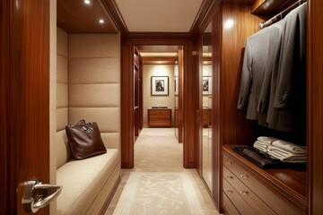 Corridor in modern design apartment with closet and seat. Interior design.