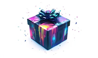 Obraz premium Colorful gift box, ribbon, confetti, white background, celebration