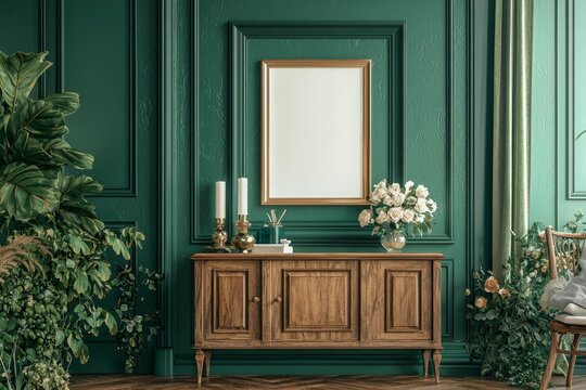 Fototapeta Creative composition of glamour living room interior design with mockup poster frame, wooden commode.