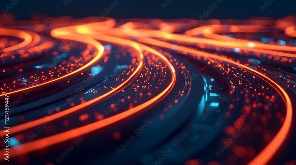 Poster streamlined abstract transportation network with glowing pathways and illuminated icons