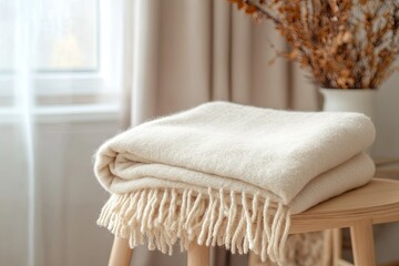 A soft wool blanket folded neatly on a light wooden chair. picture
