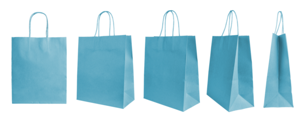 Set of different angles, various perspectives blank turquoise craft paper bags isolated on white, transparent  background. Eco friendly shopping bag made from recycled paper. Mockup, template