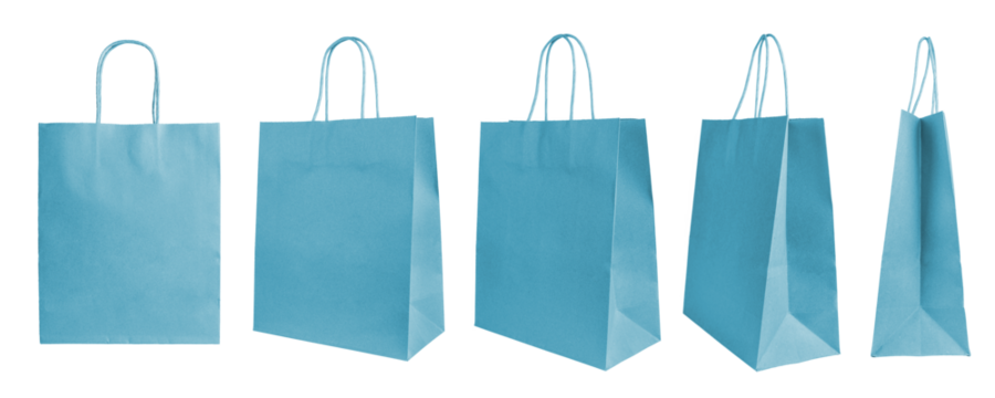 Set of different angles, various perspectives blank turquoise craft paper bags isolated on white, transparent background. Eco friendly shopping bag made from recycled paper. Mockup, template - Powered by Adobe