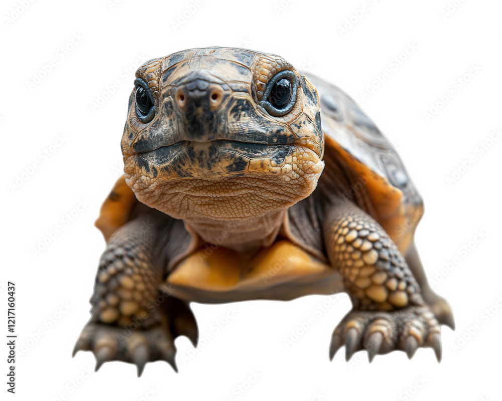 Poster close up of realistic tortoise with detailed textures and vibrant colors, showcasing its unique feat