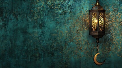 Illuminated lantern with crescent moon against a teal textured background.