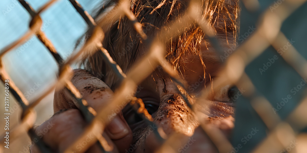 Wall mural Close-up of Mud-Soiled Person Behind Wire Mesh