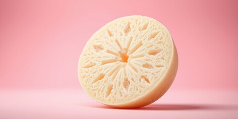 A pale yellow circular object with an intricate design, shown in profile against a pink background.