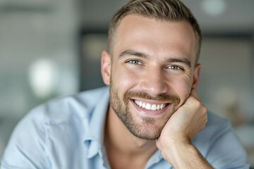 Obraz premium Portrait en gros plan d’un jeune homme souriant, homme d’affaires souriant et regardant la caméra, financier ou investisseur travaillant dans un bureau, satisfait des résultats obtenus.