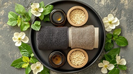 Spa essentials on tray, blossoms, textured background, relaxation setting