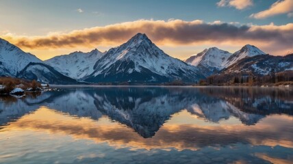 Majestic Reflection: A Serene Mountain Landscape at Dawn, Showcasing the Splendid Peaks and Tranquil Waters of Nature's Breathtaking
