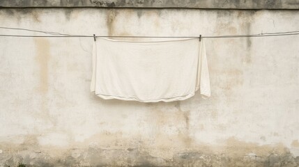 White fabric hanging on a clothesline against a weathered wall, showcasing simplicity and tranquility