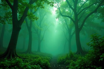 Fototapeta premium Emerald canopy hidden beneath the veil of fog, trees, nature, forest canopy