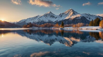 Majestic Reflection: A Serene Mountain Landscape at Dawn, Showcasing the Splendid Peaks and Tranquil Waters of Nature's Breathtaking