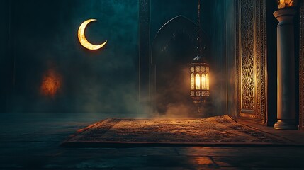 Mystical moonlit mosque interior with lantern, rug, and ornate doors.