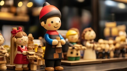 Colorful wooden figurines displayed in a shop with various characters