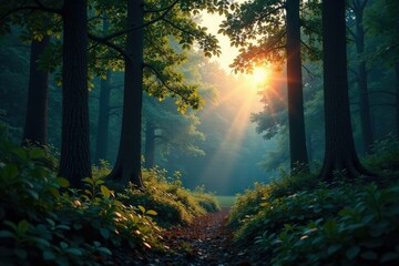 Obraz premium Dense forest foliage sways gently in the fading light, forest, twilight