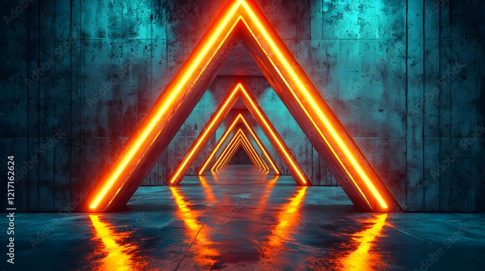 Poster dystopian futuristic underground corridor with illuminated concrete textures and neon rail track bac