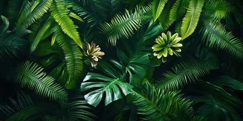 Lush green jungle foliage with ferns and tropical leaves