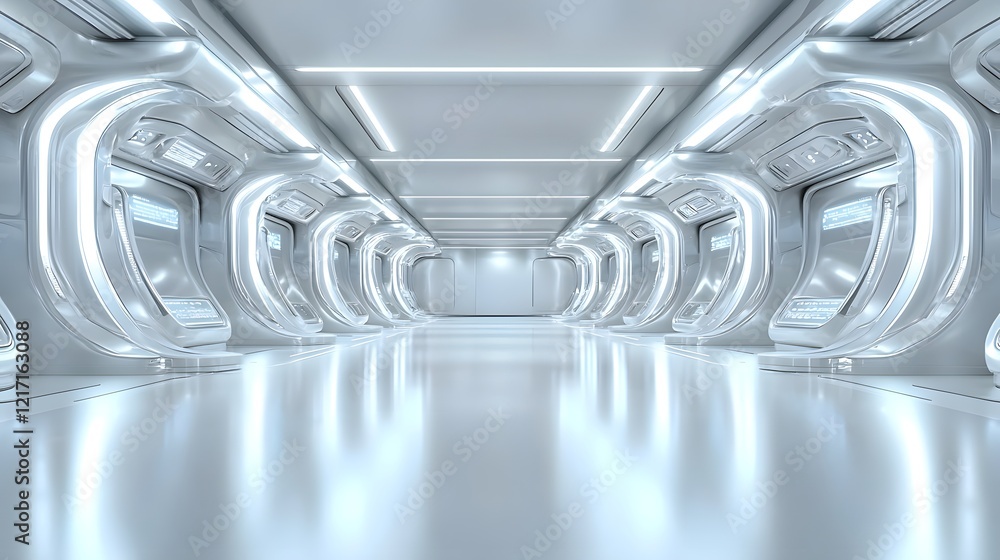 Poster perspective view of a futuristic empty space featuring hidden led lighting seamless white surfaces a