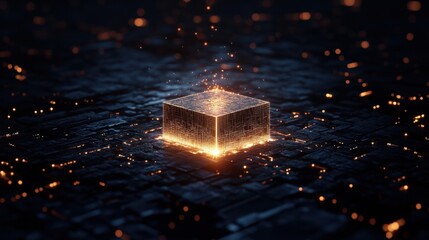Glowing cube on a digital circuit board concept for technology and innovation design