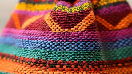 Closeup of Vibrant Woven Chuspa Bag with Intricate Multicolored Patterns