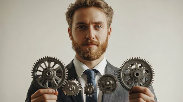 Businessman Holding Gear Wheels