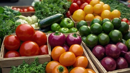 Vibrant Display of Fresh Vegetables in Baskets: A Colorful Market Scene Celebrating Nature's Bounty and Healthy