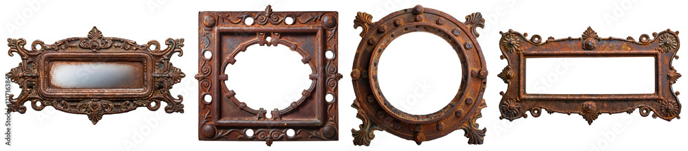 Poster collection and variation of a group of empty old rusty metal frames, (rectangle, square and round sh