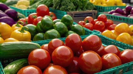 Vibrant Display of Fresh Vegetables in Baskets: A Colorful Market Scene Celebrating Nature's Bounty and Healthy