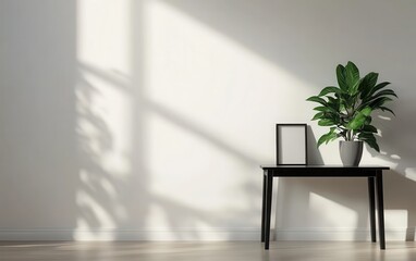 3D rendering of a modern interior design featuring a mockup poster frame on a black table with a green plant beside it. The room has a monochromatic black and white color palette