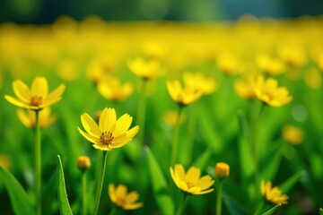 Fototapeta premium Bright yellow flowers blooming in a field of lance-shaped leaves, bright yellow flowers, bloom