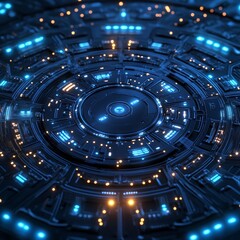 Fototapeta premium A circular circuit board with glowing connectors, representing technology and connectivity. Ideal for tech, electronics, and digital-themed visuals.