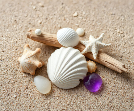 Discovering the beauty of seashells and driftwood on a tranquil sandy beach at sunrise