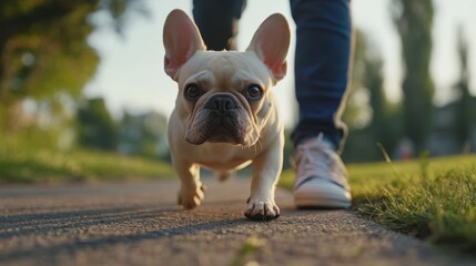 Fototapeta premium National Walk Your Dog Day French bulldog walking in park with owner on sunny day
