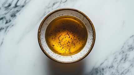 Golden Cooking Oil in a Speckled Bowl on a Marble Surface