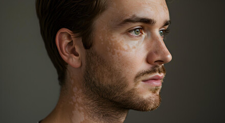 Young man showing vitiligo on face and neck skin